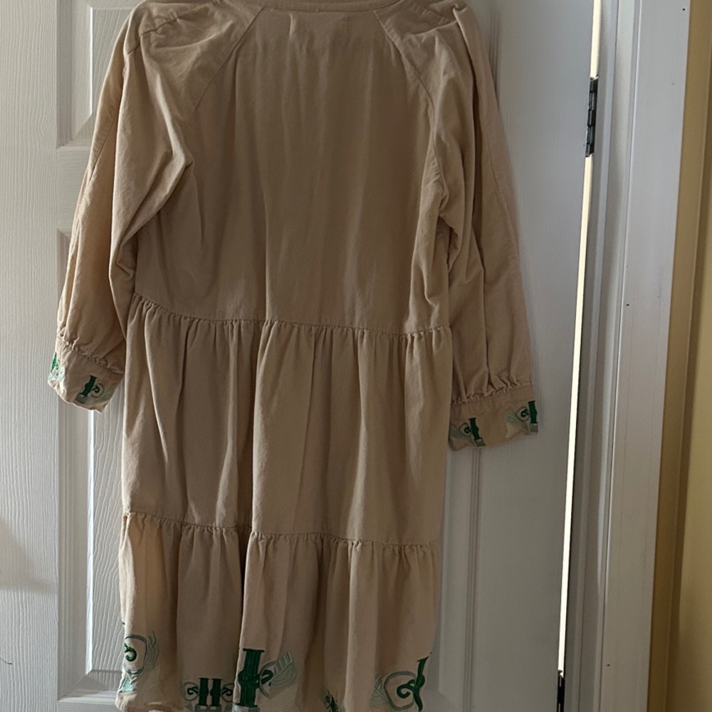 Tallulah & Hope Corduroy Beige V-Neck Dress with Green Embroidery - Picture 2 of 5